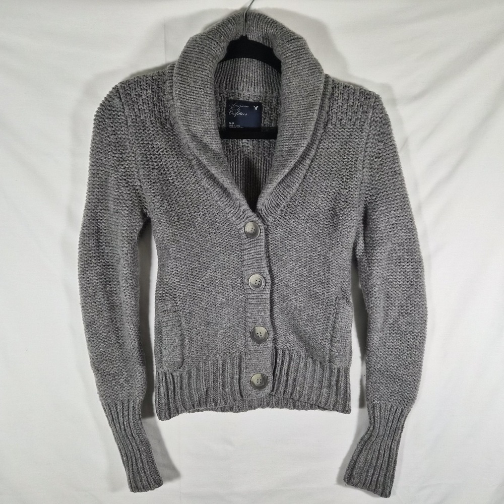 2000s Y2k American Eagle Small Gray Wool Blend Chunky Knit Collar Cardigan